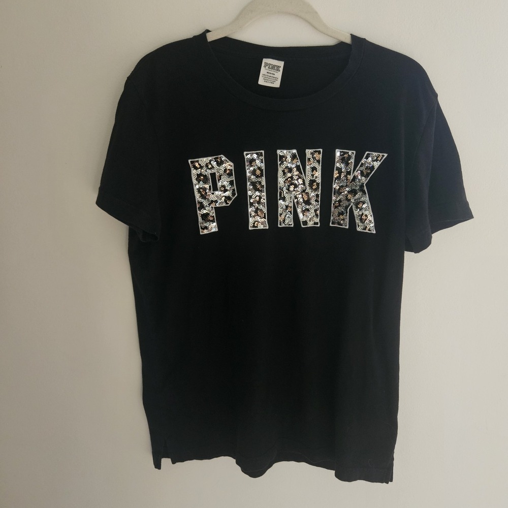 Y2K VICTORIA'S SECRET PINK Bling Sequin Top Size M Black Leopard Cheetah Shirt